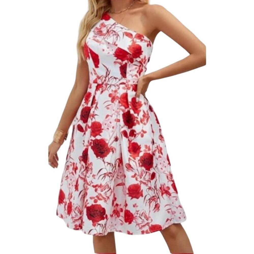 Microstar, Red n Pink Floral Printed Shimmer Dress, With A Bare Shoulder M